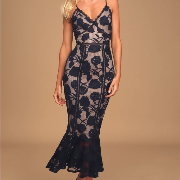 Navy Blue Floral Mesh Lace Trumpet Midi Dress - Picture 1 of 7
